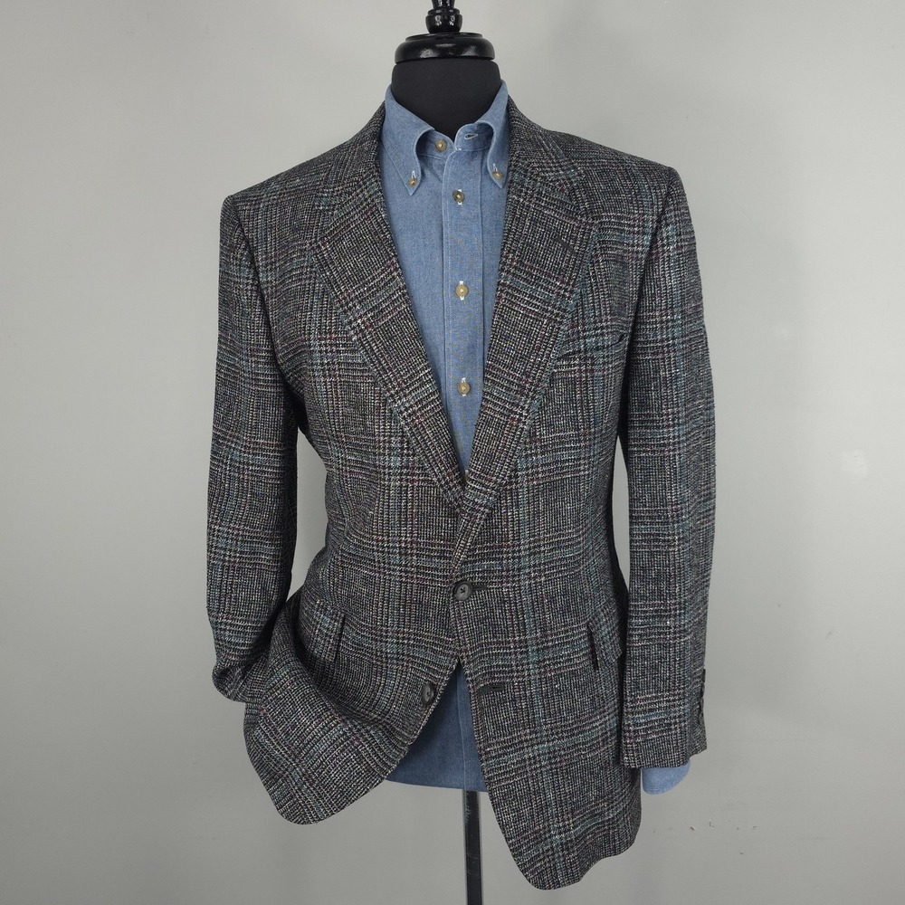 Vtg Hart Schaffner Marx Blazer Mens 44 Black Plaid Silk Tweed Sport Coat Jacket‎